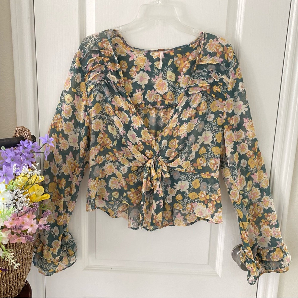 FREE PEOPLE Maybel Tie-Front Ruffled Blouse (Green/Pink) - Picture 4 of 7